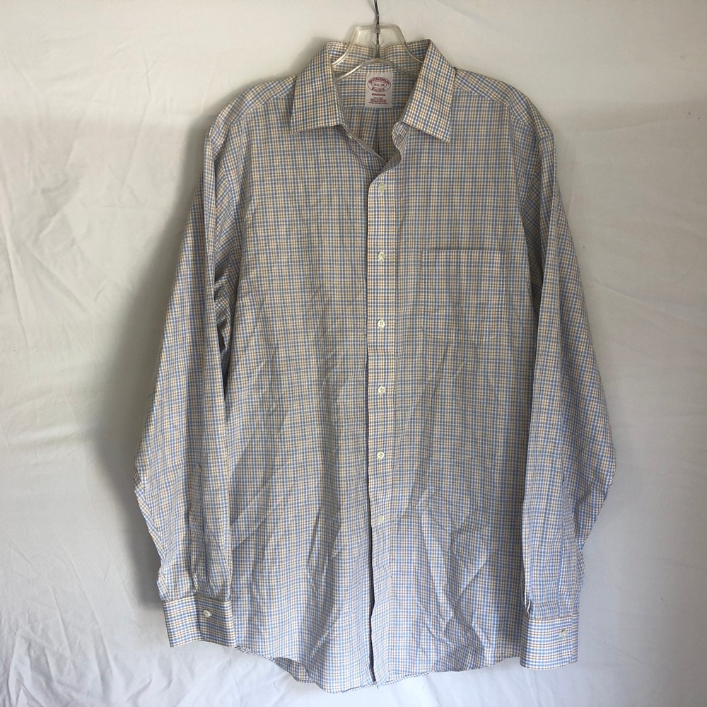 Brooks Brothers Madison Dress Shirt Mens 15.5 35 Blue Yellow Check Cotton